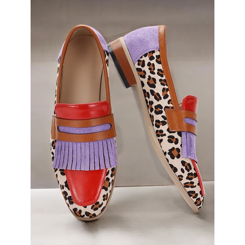 Women's Multicolor Leopard Print Loafers with Fringe Detail, Faux Leather and Suede Casual Flats for Retro and Statement Looks2
