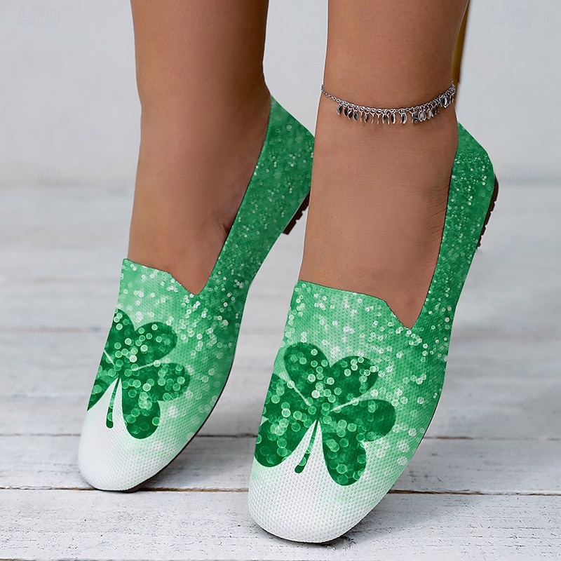 Women's Breathable Gradient Green Slip-On Flats with Clover Printed Design Perfect for Celebrate St. Patrick's Day3