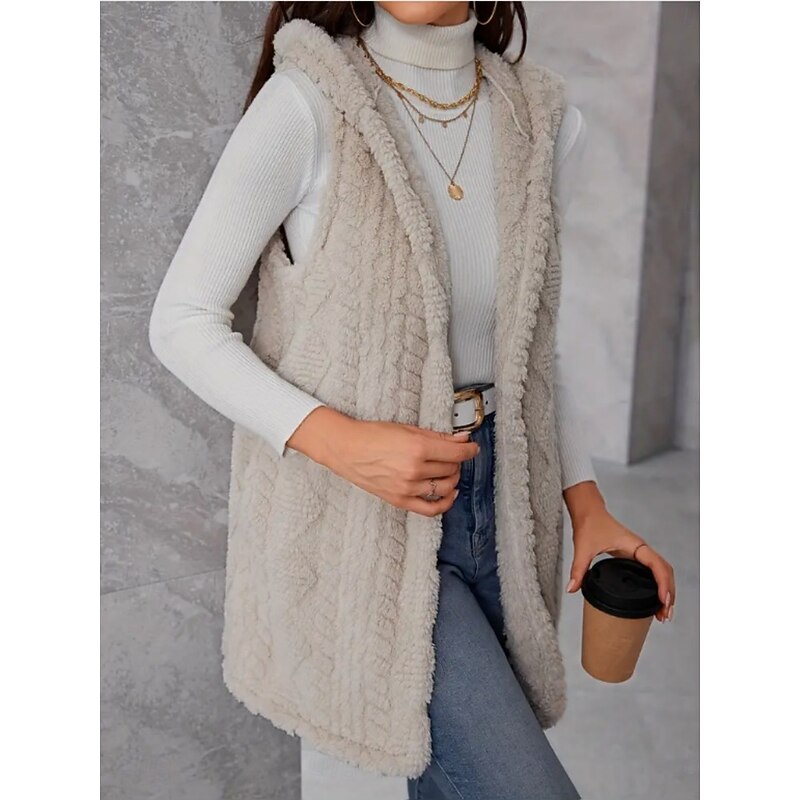 Women's Fleece Vest Warm Breathable Fleece Lined Casual Plain Vacation Street Daily Wear Going out Open Front Regular Hoodie Regular Fit Sleeveless Outerwear Apricot Fall Winter3