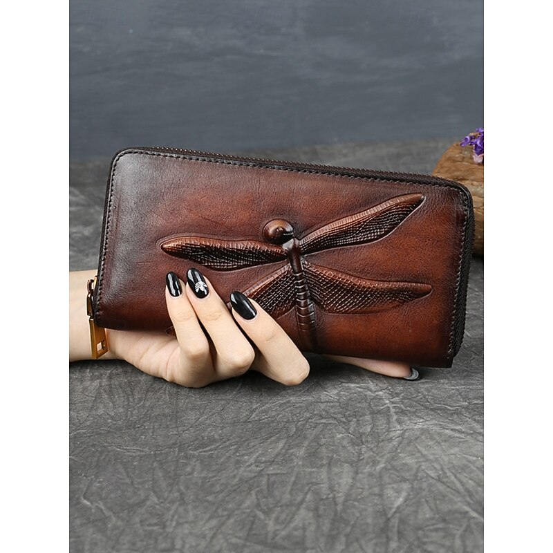 Women's Vintage Brown Leather Wallet with Embossed Dragonfly Design, Zipper Closure, Elegant Gift for Daily Use and Special Occasions Blue Brown