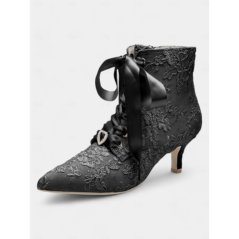 Women's Vintage Lace Ankle Boots with Satin Ribbon Laces and Kitten Heels – Elegant Bridal Shoes for Weddings and Victorian-Inspired Events4