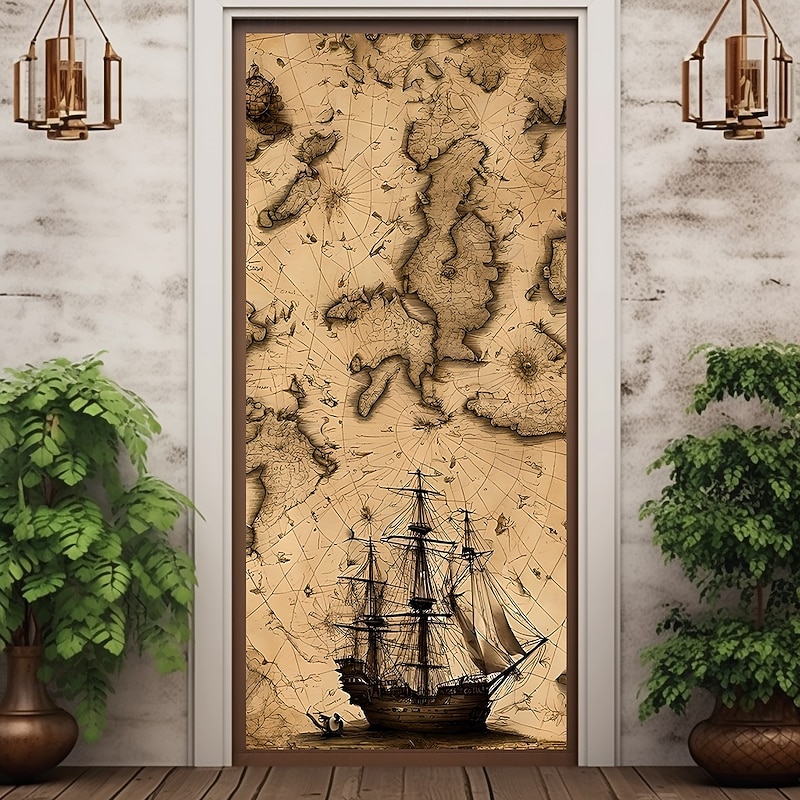 Door Decorations Door Covers Vintage Nautical Map Pirate Door Tapestry Door Curtain Decoration Backdrop Indoor/Outdoor Door Banner for Front Door Farmhouse3