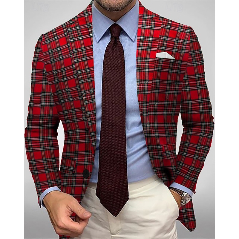 Men's Blazer Jacket Sport Coat Notch Collar Fashion Plaid Blazer Red Standard Fit Single Breasted One-button4