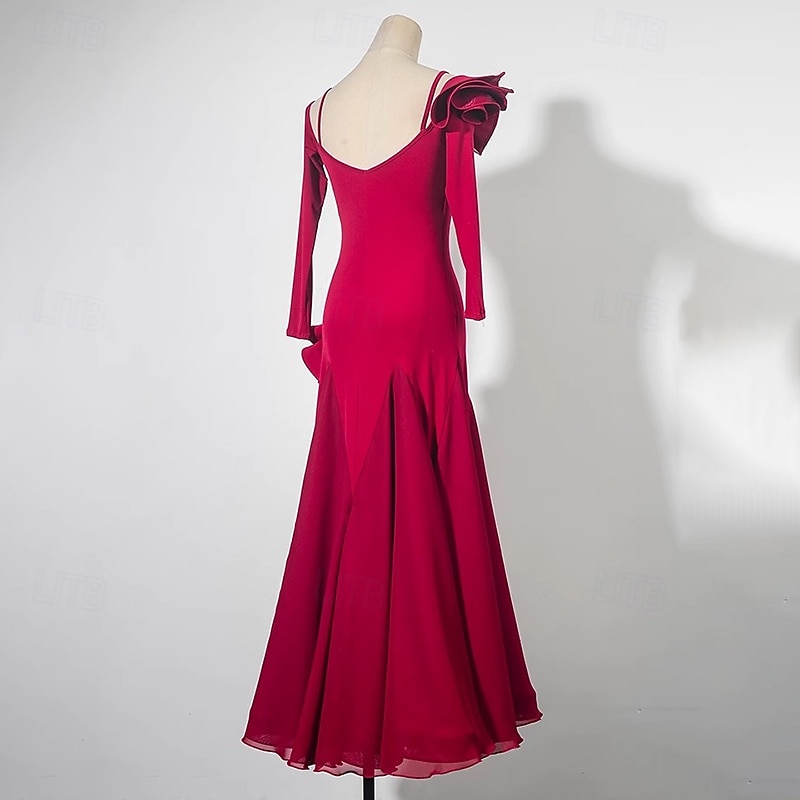 Ballroom Dance Dress Pure Color Splicing Women's Performance Party Long Sleeve Chiffon Crystal Cotton4