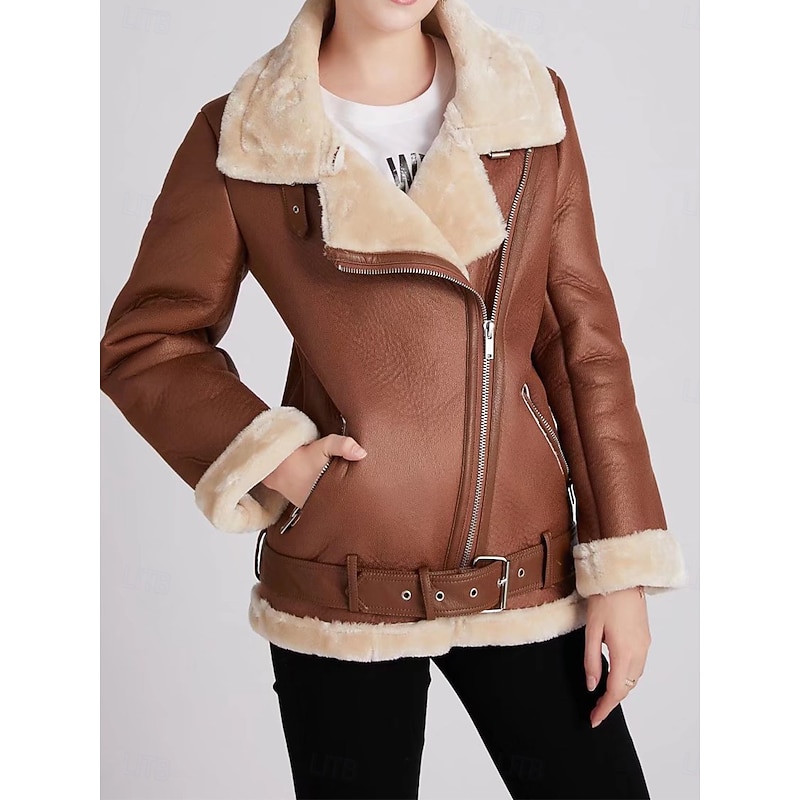 Women's Faux Leather Jacket Winter Coat Winter Jacket Windproof Warm Patchwork Fashion Solid Color Street Casual Daily Regular Turndown Regular Fit Long Sleeve Outerwear Black Brown Fall Winter