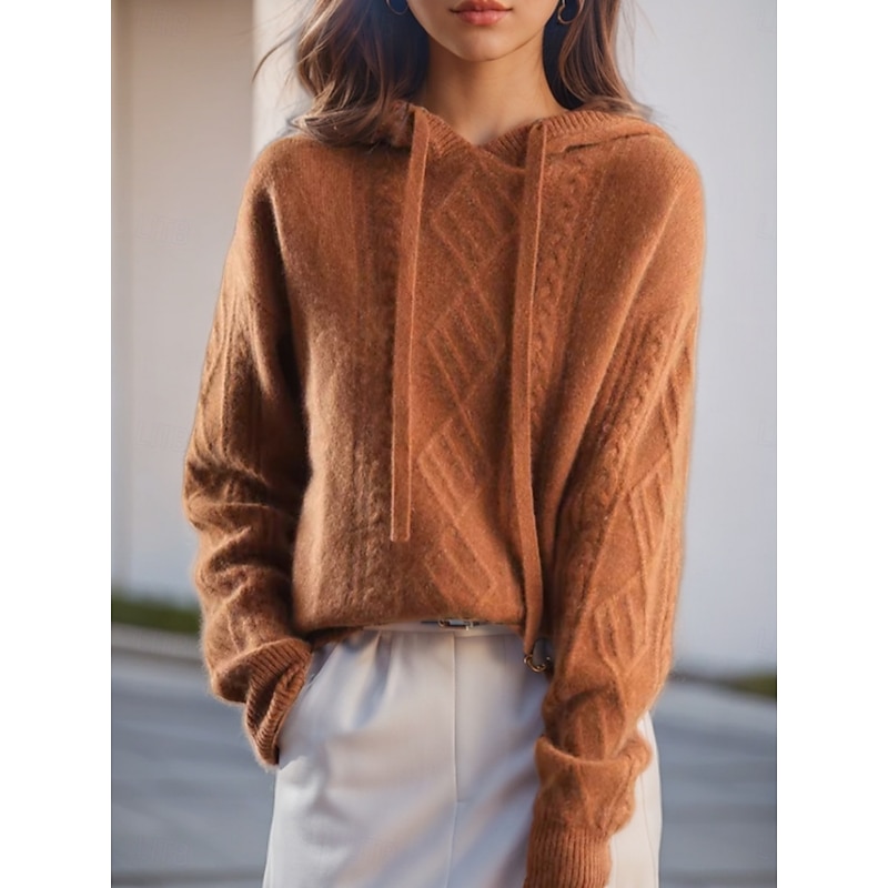 Women's Sweater Casual Soft Pure Color Cable Hooded Knitted Long Sleeve Regular Tops Knit Outdoor Daily Weekend Camel Brown Fall Winter2
