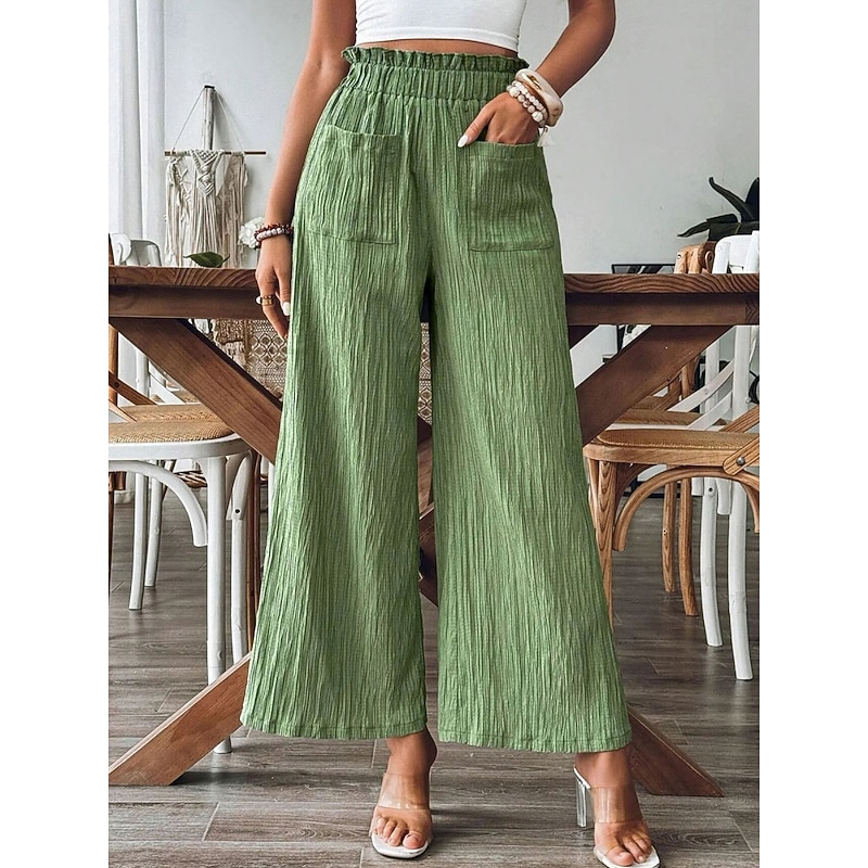 Women's Wide Leg Chinos Fashion Streetwear Full Length High Waist Plain Pocket Elastic Waistband Comfy Soft Comfortable Micro-elastic Outdoor Street Black Green Khaki Spring &  Fall Regular Fit