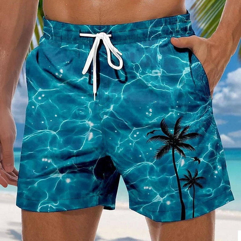 Men's Coconut Tree Print Waves Swim Trunks Swim Shorts Board Shorts Mid Waist Streetwear Hawaiian Casual Daily Holiday Pocket Drawstring Elastic Waist Designer Clothing Apparel