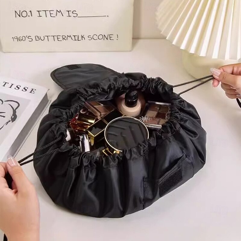 Magic Cosmetics Pouch Black Drawstring Cosmetic Bag for Women, Portable Waterproof Makeup Bag Organizer with Pearl Handle Chain, Travel Toiletry Beauty Case3