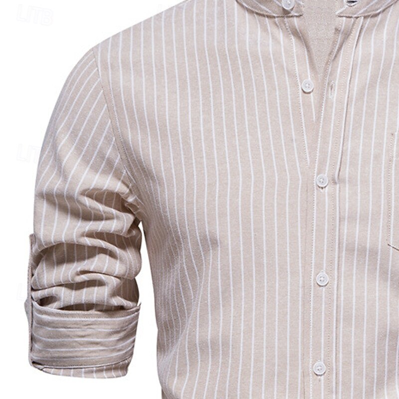 Men's Shirt Chinese Collar Shirt Mandarin Collar Shirt Dress Shirt Button Up Shirt Stripe Wedding Party khaki Long Sleeve Grandad Collar Spring &  Fall Clothing Apparel2