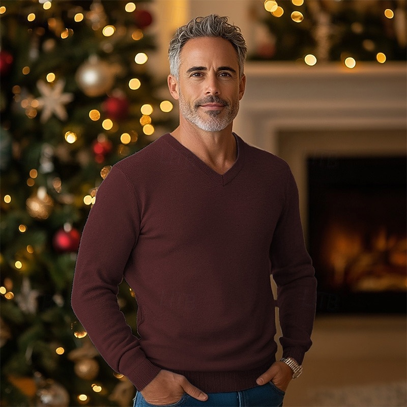 Men's Christmas Sweaters Dress Sweater Wool Sweater Pullover Sweater Jumper Ribbed Knit Regular Knitted Slim Fit Plain V Neck Modern Contemporary Christmas Xmas Clothing Apparel Winter Wine Black S M4