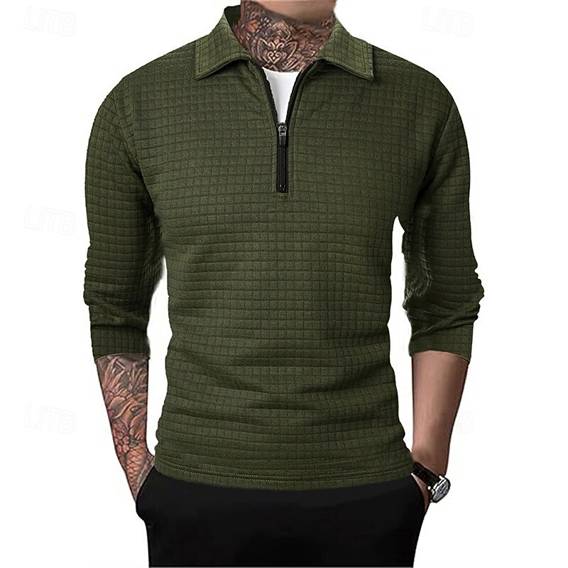 Men's Waffle Polo Shirts Quarter Zip Polo Daily Holiday Quarter Zip Long Sleeve Fashion Modern Plain Spring Autumn / Fall Regular Fit Black White Wine Navy Blue Khaki Army Green Waffle Polo Shirts