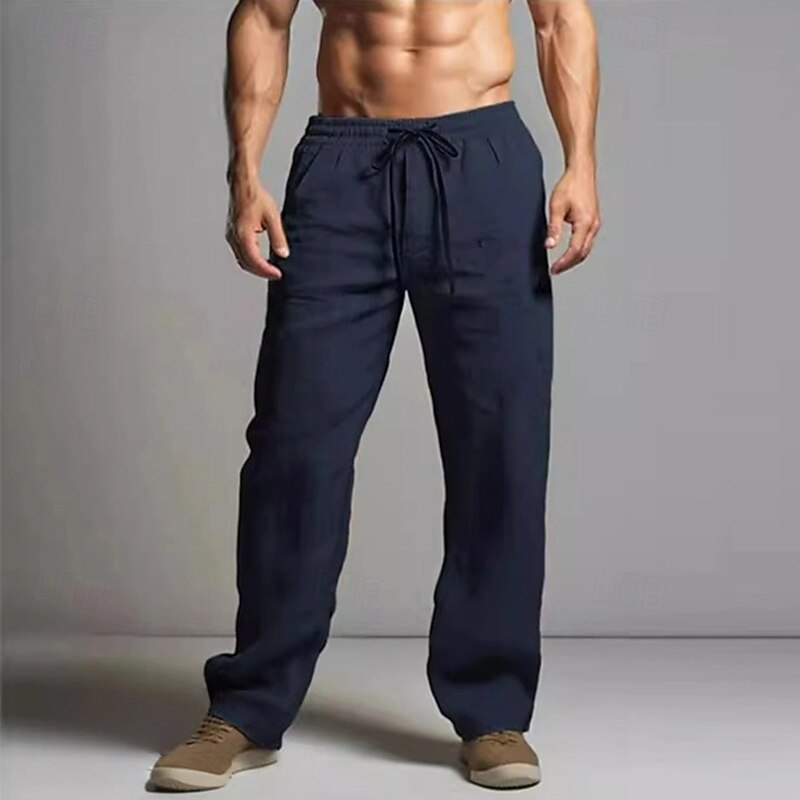 Men's Linen Pants Trousers Summer Pants Beach Pants Elastic Waist Drawstring Straight Leg Plain Comfort Breathable Full Length Casual Daily Holiday Fashion Classic Style Black White4