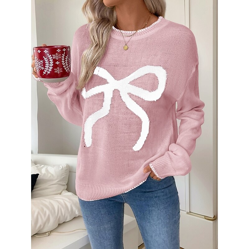 Women's Valentine Pink Sweater Casual Soft Graphic Ribbed Crew Neck Knitted Long Sleeve Regular Tops Knit Outdoor Daily Weekend Black White Fall Winter3
