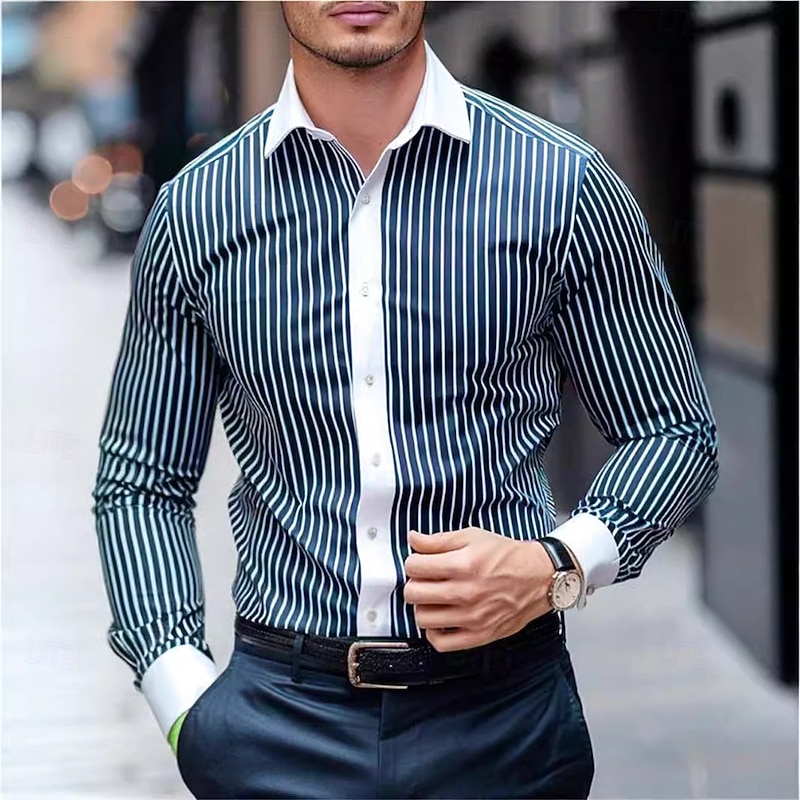 Men's Summer Shirt Casual Shirt Beach Shirt Collared Shirt Button Up Shirt Striped Shirts Black Blue Purple Brown Green Long Sleeve Stripe Lapel Vacation Holiday Button-Down Clothing Apparel Polyester3