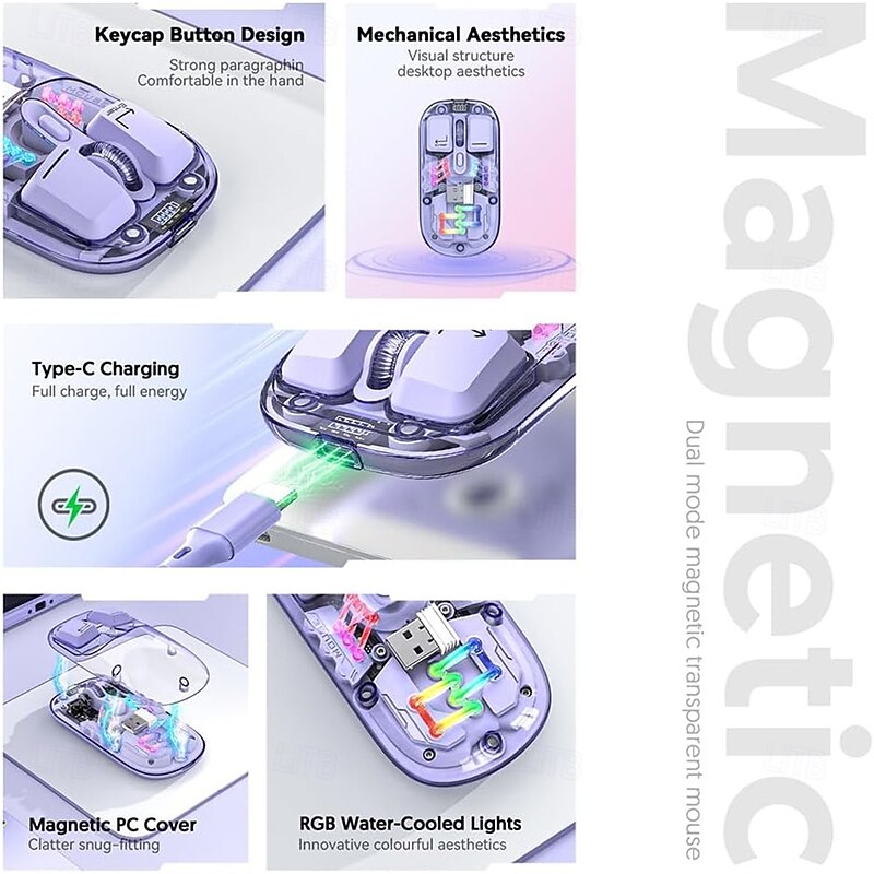 Transparent Dual-Mode Mice BT5.0 2.4G One-Button Switching Type-C 400mAh Rechargeable Mouse Three-Level Movement Speed Adjustable RGB Lights Magnetic PC Cover Custom Drivers4