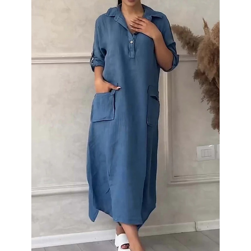 Women's Normal Maxi Dress Linen-Inspired Dresses Cotton Maxi Dress Casual Sports & Outdoor Date Regular Fit Solid Color Shirt Collar Yellow Blue Green Spring Fall4