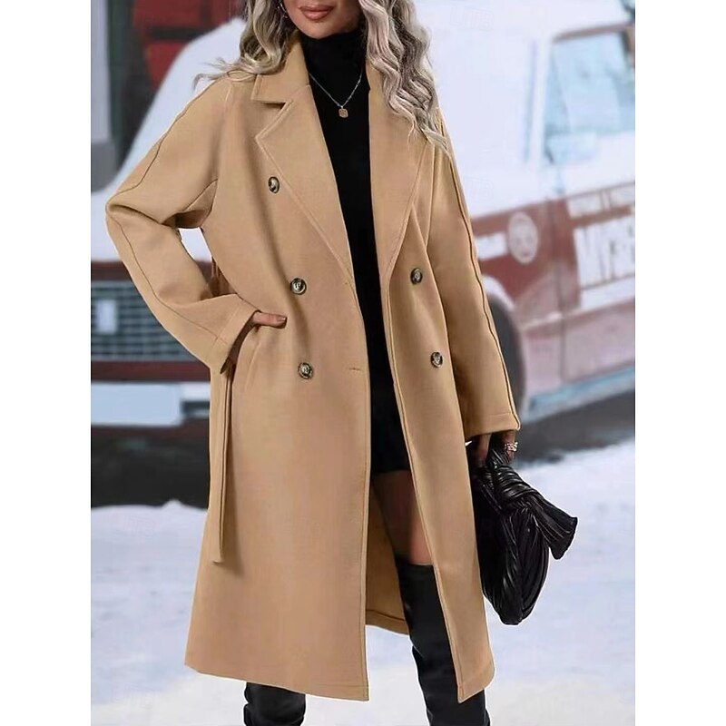 Women's Winter Coat Outdoor Street Daily Fall Winter Regular Coat Regular Fit Warm Breathable Comtemporary Stylish Jacket Long Sleeve Solid Color with Pockets With Belt Black Red Khaki