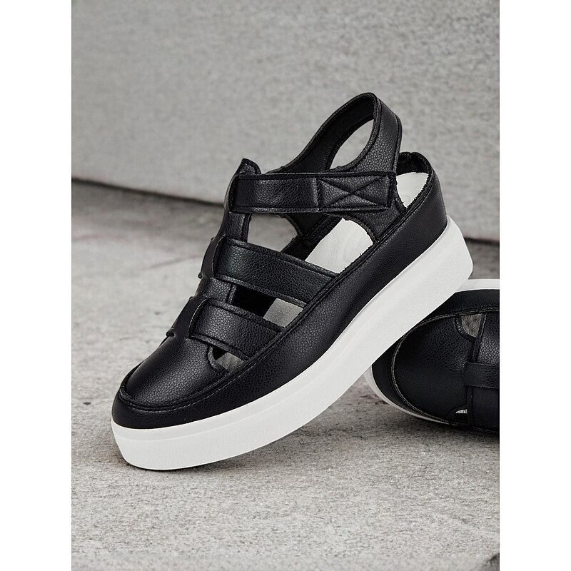 Women's Comfortable Black Faux Leather Strappy Sandals with White Sole - Perfect for Beach or Casual Outings