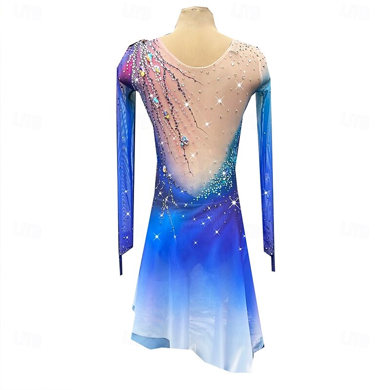 Figure Skating Dress Women's Girls' Ice Skating Dress Royal Blue Thumbhole Halo Dyeing High Elasticity Professional Competition Skating Wear Thermal Warm Crystal / Rhinestone Long Sleeve Ice Skating3