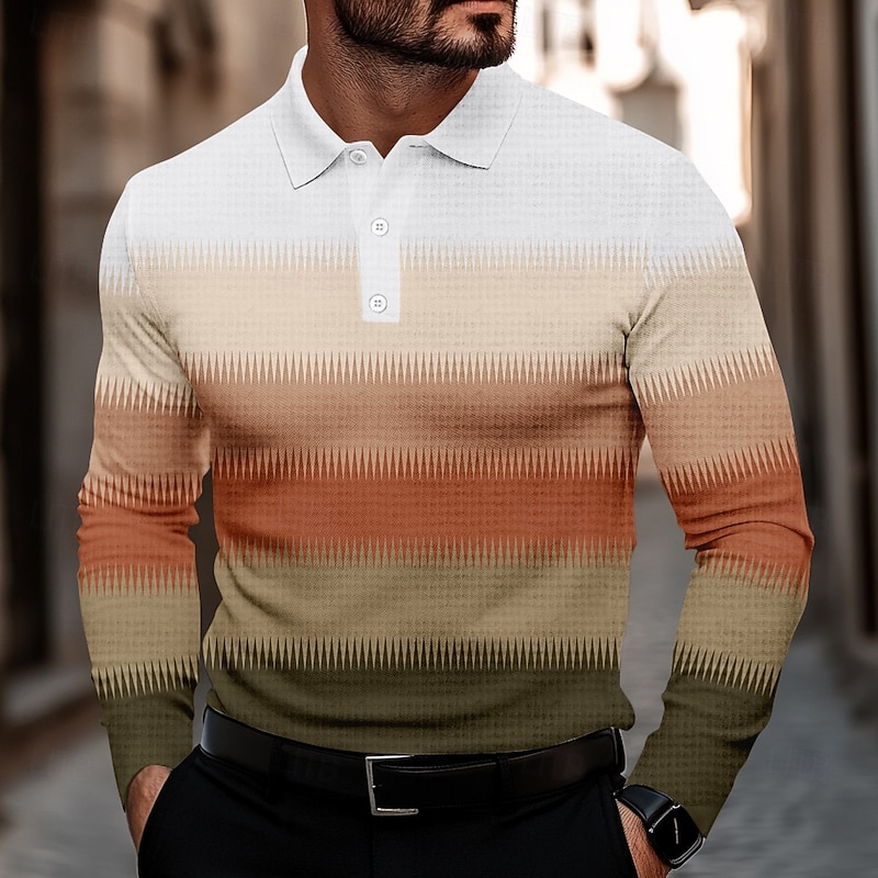 Men's Stripe Waffle Polo Shirts Golf Shirt Long Sleeve Polo Shirts Collared Shirts Casual Business Casual Dailywear Athleisure Buttons 3D Print Spring Fall Winter Blue Purple Brown
