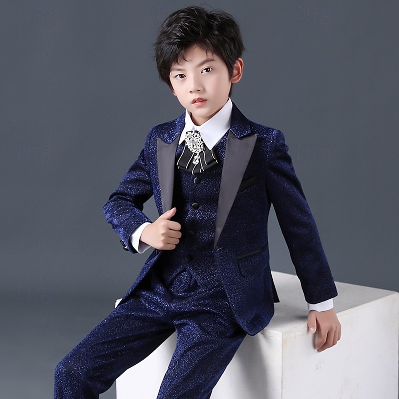 4 Pieces Ring Bearer Suit Boys Kids Suit Formal Suit Blazer & Vest & Pants & Tie Formal Party Valentines Fashion Cool Solid Color Pocket Navy Blue Polyester