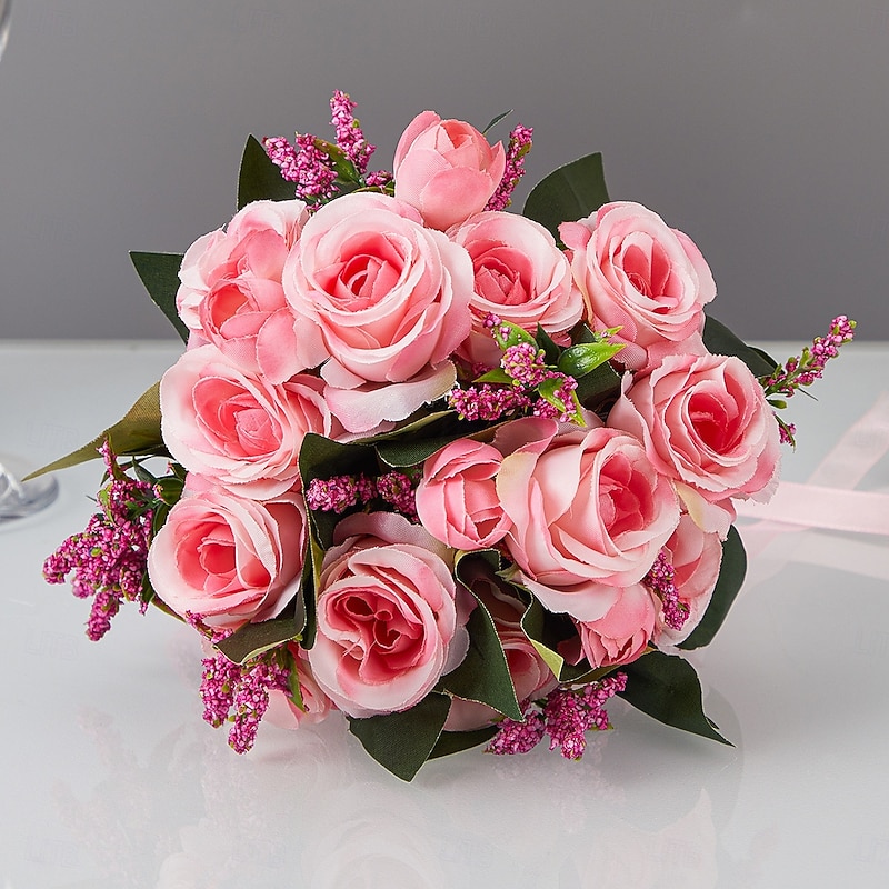 Wedding Bouquets for Bride, Artificial Silk Flower Rose Bridal Bouquet, Western and Forest Style Faux Flowers for Marriage Certificate Ceremony and Wedding Photography Props4