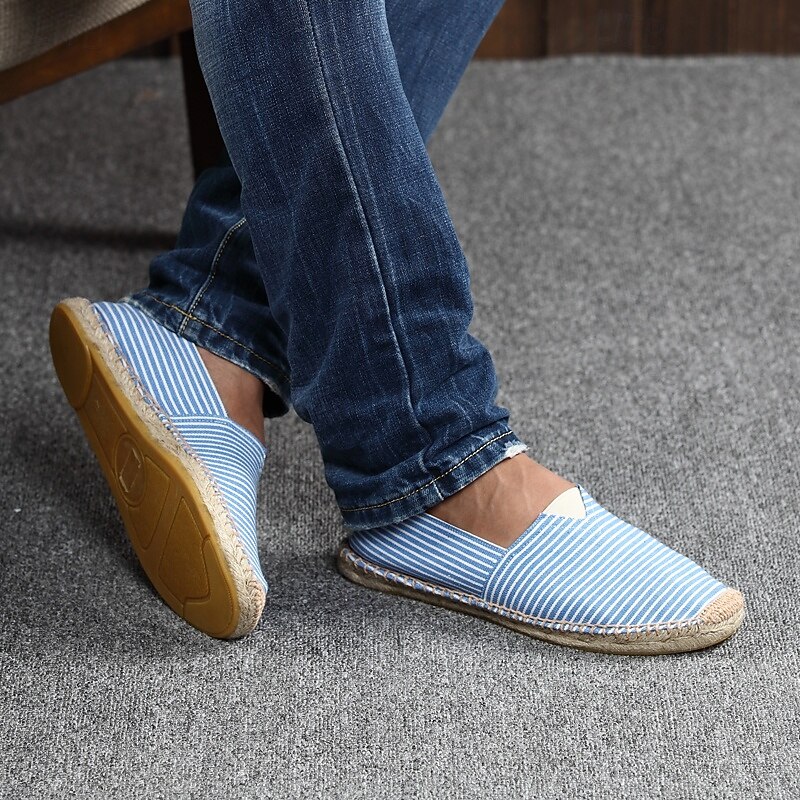Men's Blue and White Striped Canvas Espadrille Slip-On Shoes with Jute Rope Sole – Comfortable Summer Footwear3
