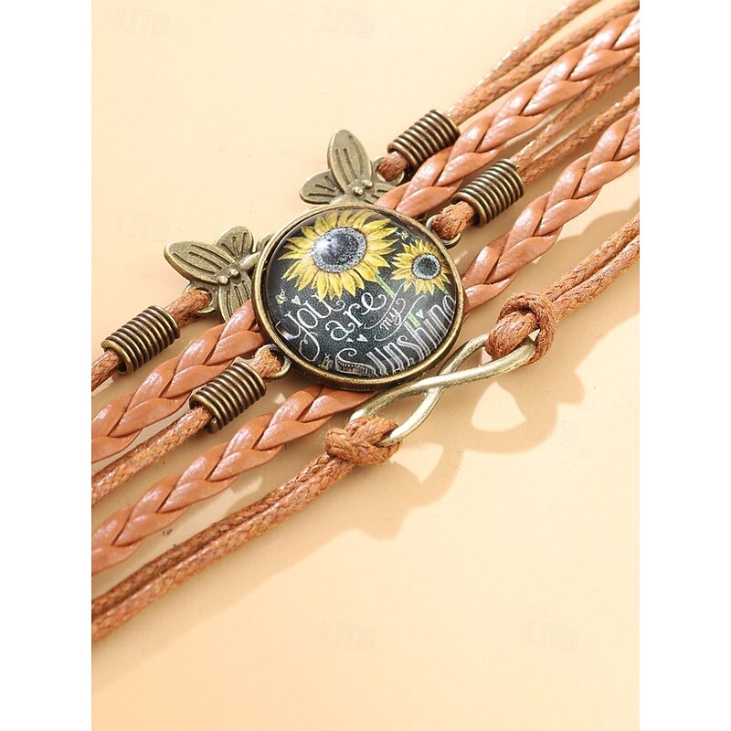 Sunflower Charm FauxLeather Bracelet with Braided Design and Inspirational Quote – Boho Style Jewelry for Women, Perfect for Gifts and Casual Wear2