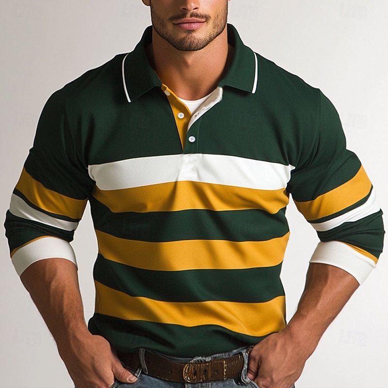 Men's Stripes Rugby Polo Cable Knit Polo Long Sleeve Polo Shirts Collared Shirts Casual Outdoor Athleisure 3D Print Spring Fall Green