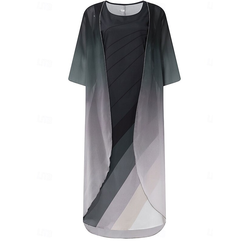 Women's Ombre Crew Neck Long Dress Maxi Dress 3/4 Length Sleeve Spring Fall3