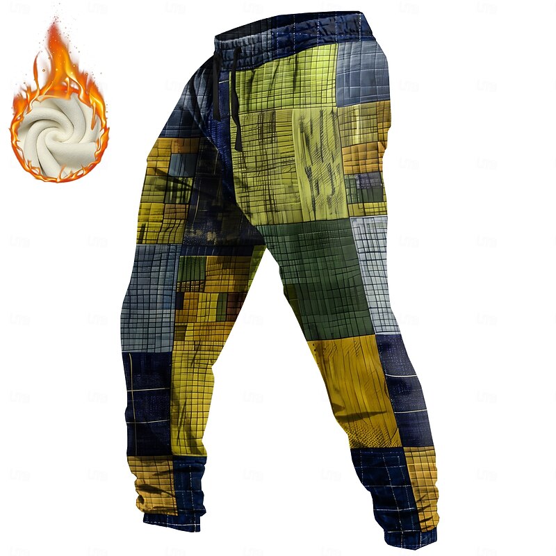 Men's Color Block Patchwork Fleece Sweatpants Drawstring Elastic Waist Vintage Casual Outdoor Holiday Streetwear Warm Fleece Lined Thermal Winter 3D Print Yellow Blue Orange2
