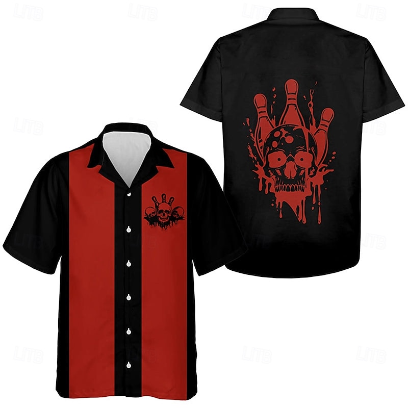 Men's Skull Bowling Shirt Button Up Shirt Short Sleeve Casual Casual Summer Spring Cuban Collar Button Up Red