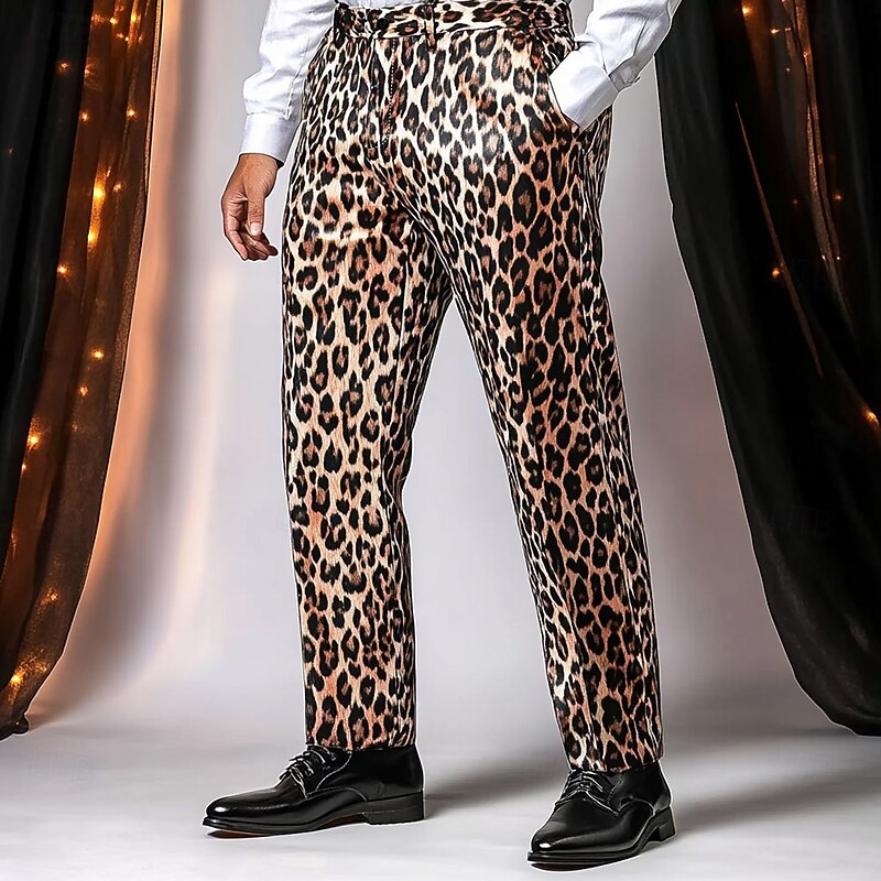 Men's Leopard Print Trousers Dress Pants Mid Waist Casual Vintage Retro Holiday Streetwear Dads Day Gifts Flat-Front Straight Leg Trousers Summer Spring Fall 3D Print Yellow