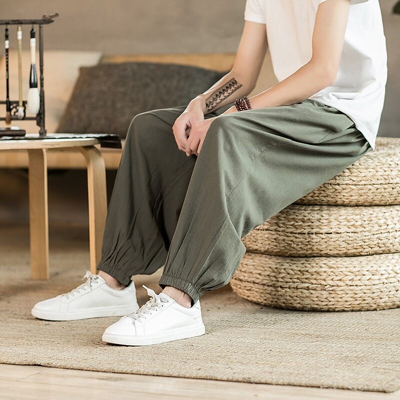 Men's Joggers Linen Pants Trousers Baggy Pants Harem Pants Pocket Drawstring Elastic Waist Plain Comfort Breathable Full Length Home Casual Daily Sports Fashion Black Green3