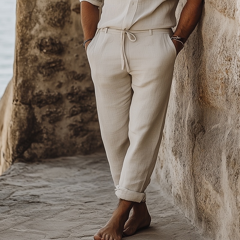Men's Linen Pants Trousers Summer Pants Beach Pants Drawstring Front Pocket Straight Leg Plain Comfort Breathable Full Length Casual Daily Holiday Fashion Retro Vintage Black White - Main Image