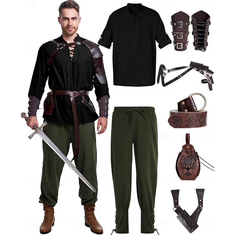 Retro Vintage Medieval Renaissance Pants Cosplay Costume Outfits Fancy Dress Men's Viking Fantasy Halloween Carnival Masquerade Carnival Performance LARP Adults' Shirt Pants Belt