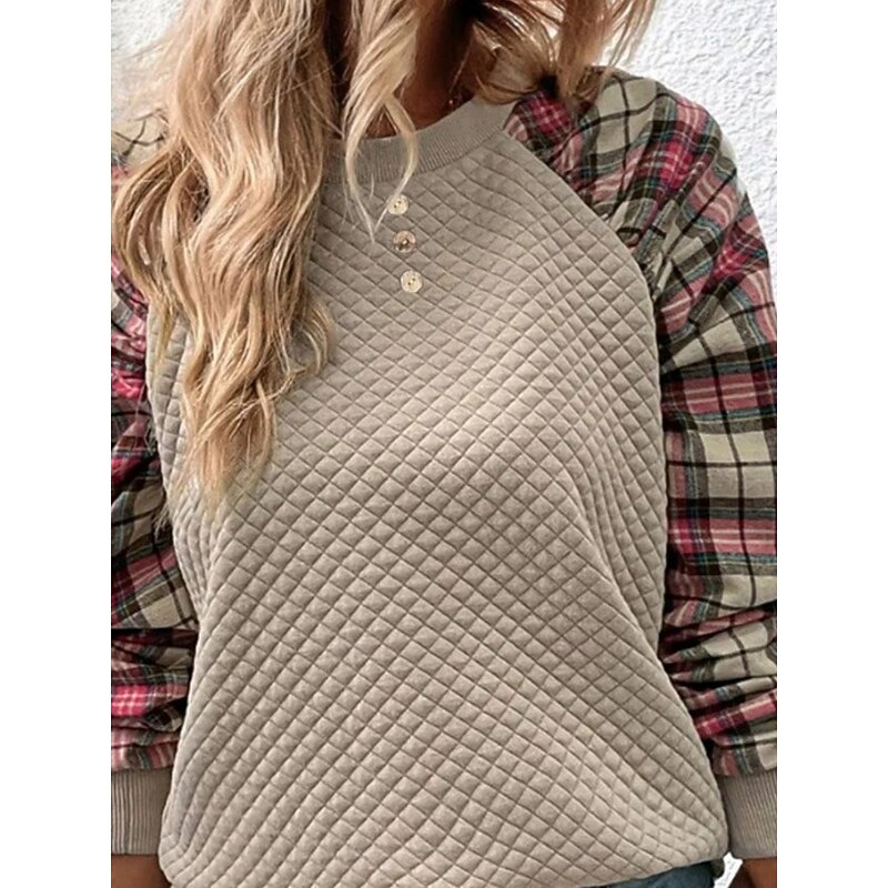 Women's Waffle Sweatshirt Texture Sweatshirt Casual Plaid Street Dailywear Crew Neck Print Long Sleeve Pink Brown Beige Fall Winter4