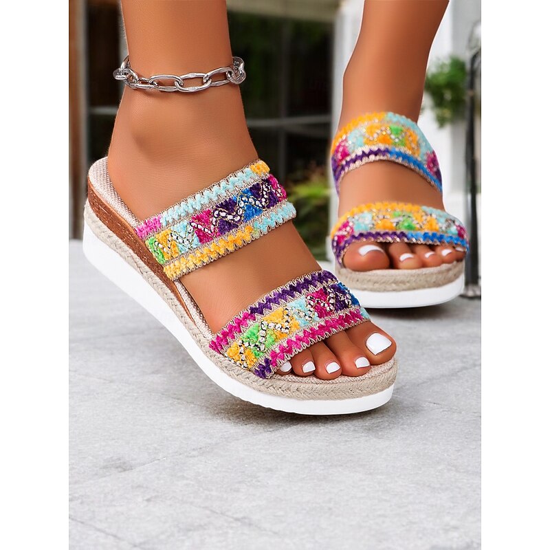 Women's Bohemian Wedge Sandals – Colorful Embroidered Slip-On Platform Shoes for Summer, Beach, and Casual Wear2