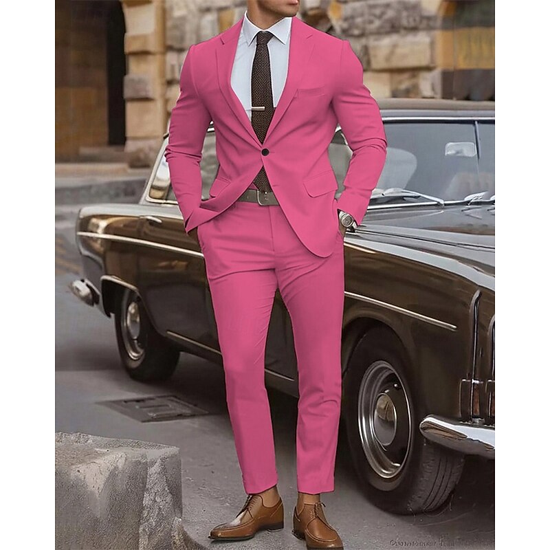 Men's Graduation Blazer Set Business Cocktail Party Wedding Party Fashion Casual Spring &  Fall Polyester Plain Pocket 2 Piece Comfortable Single Breasted Blazer Yellow Pink Royal Blue Blue4