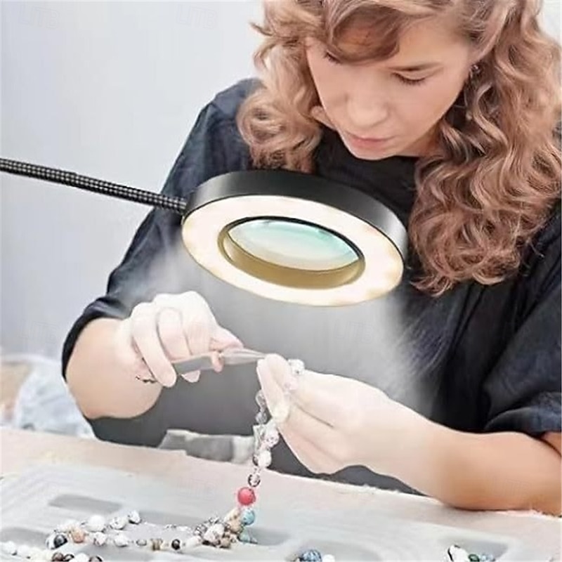 Magnifying Mirror Table Lamp with Adjustable Gooseneck – LED Clip Lamp with 3 Color Dimming, Night Light for Nail Repair & Reading 1PC3