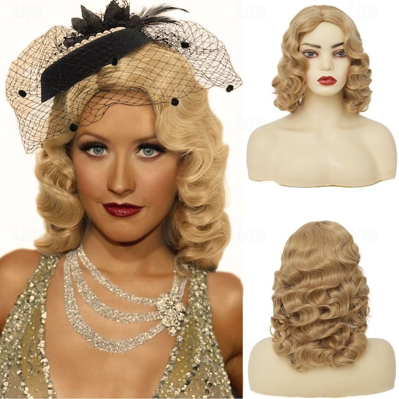 Blonde Finger Wave Wigs for Women 1920s Medium Length Side Part Natural Flapper Wig Synthetic Heat Resistant Hair Wig for Vintage Daily Party Halloween Wigs