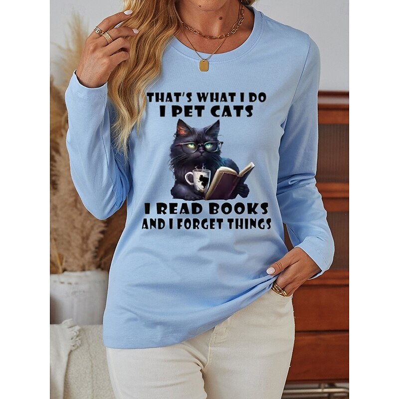 Women's 100% Cotton T Shirt Casual Cat Letter Regular Tops Long Sleeve Round Neck Print Regular Fit Daily Weekend Blue Beige Gray Fall Winter
