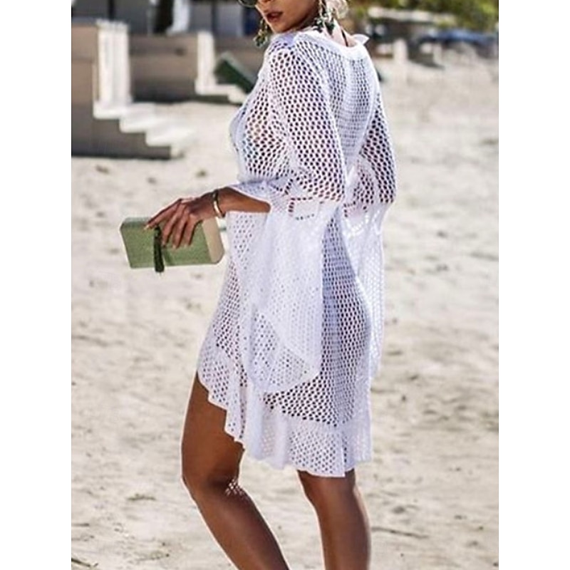 Women's Swimwear Cover Up Beach Dresses Swimsuit High Waist Slim Vacation Beach Wear Solid Color V Neck Long Sleeve4