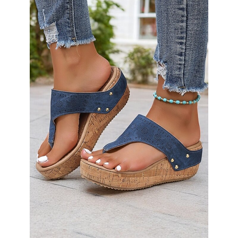 Women's Blue Cork Wedge Sandals with Laser-Cut Design, Open Toe Slip-On Summer Shoes for Casual Outings and Beach Vacations2