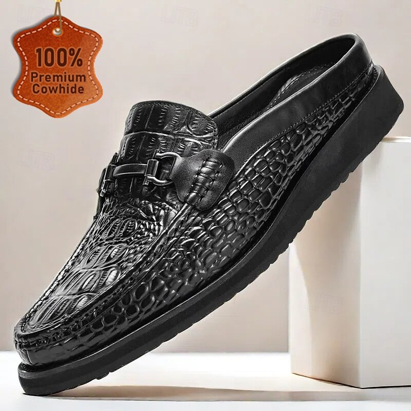 Stylish and Casual Men's Crocodile Embossed Leather Mules | Perfect for Casual and Business Casual