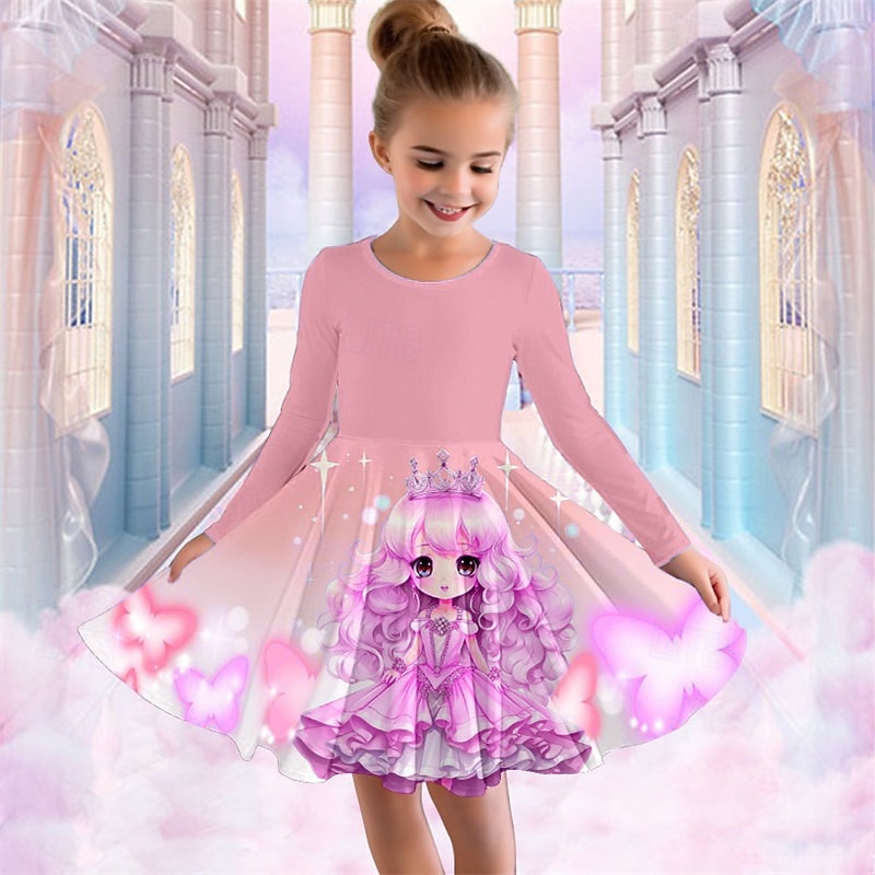Girls' 3D Cartoon Butterfly Dress Long Sleeve 3D Print Fall Winter Vacation Sports & Outdoor Daily Cute Casual Beautiful Kids 3-12 Years Casual Dress A Line Dress Above Knee Regular Fit3