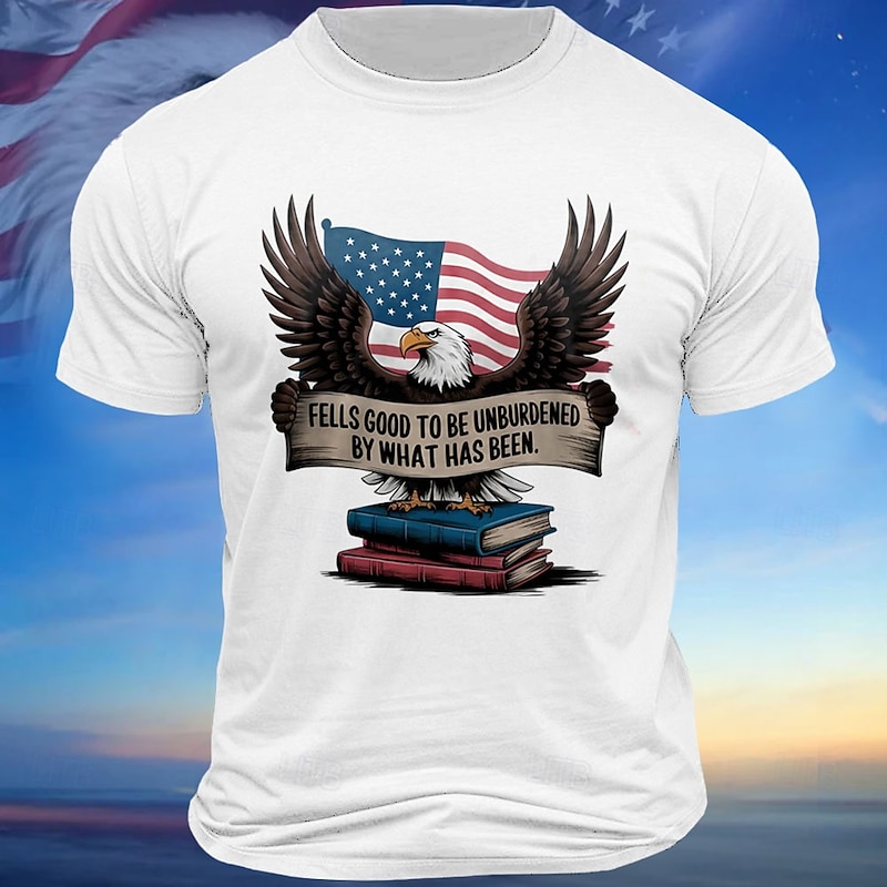 Men's Short Sleeve Patriotic American Eagle Graphic T-Shirt with 'Feels Good to Be Unburdened' Inspirational Quote