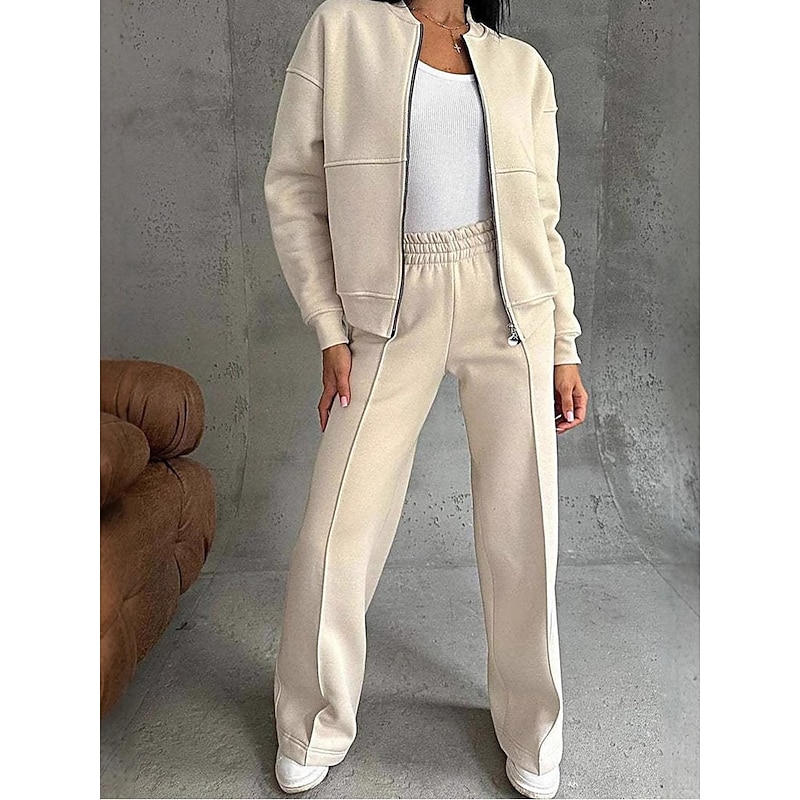 Women's Daily Bolero Top Wide Leg Pants Long Sleeve Solid Color Zipper Outdoor Office Black Pink Beige Spring &  Fall Regular Fit