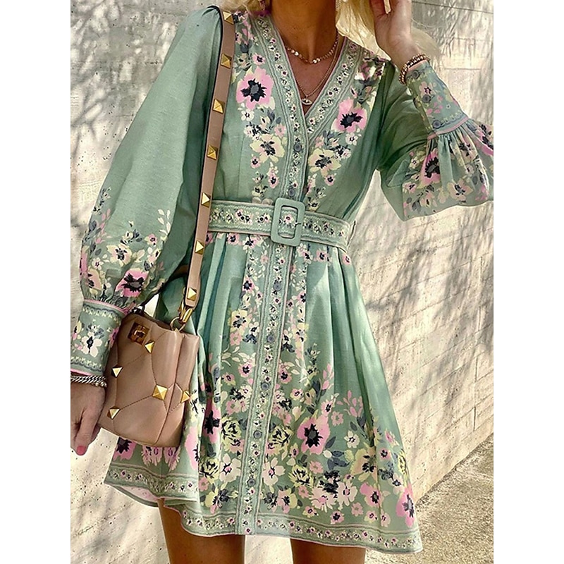 Women's Mini Dress Petite Dress Casual Dress Boho Chic Dresses Boho Dress Elegant Bohemia Cute Vacation Daily Beach Loose Fit Graphic Long Sleeve V Neck Light Green Sky Blue Purple Spring Fall